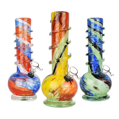 Trio of Spherical Swirl Soft Glass Water Pipes, 9.75" tall, in assorted swirling colors, front view