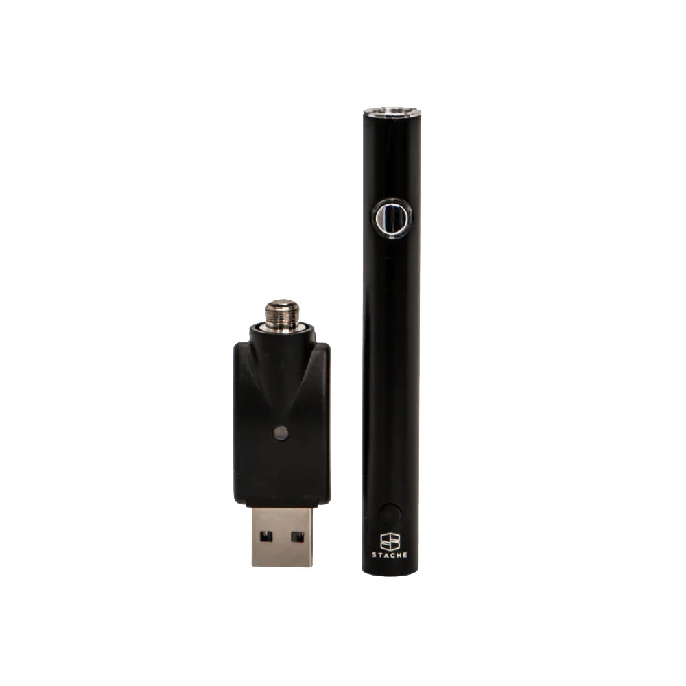 Stache Products Flashlight 510 VV Battery in Black, 380mAh capacity, slim design, front view with USB charger