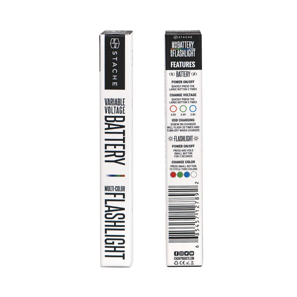 Stache Products Flashlight 510 VV Battery packaging front and side view on white background