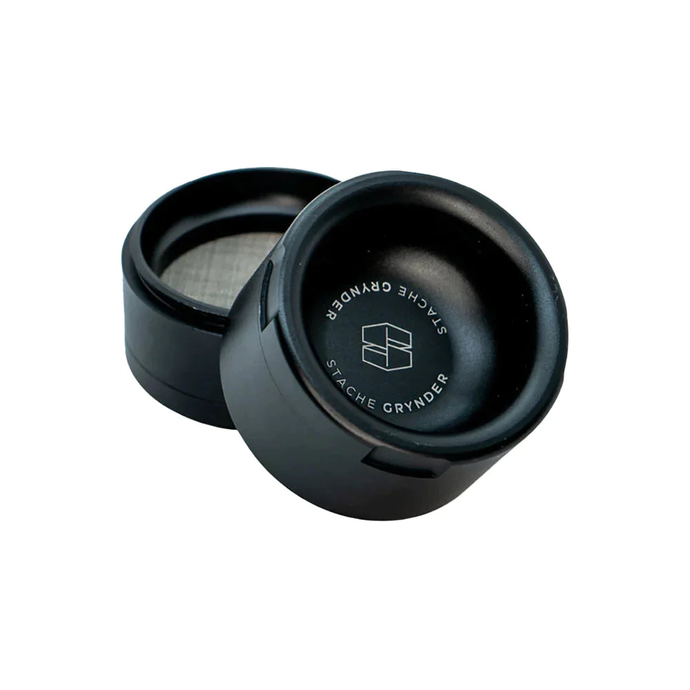 Stache Products Grynder in Black - 4pc Steel Herb Grinder, 2.5" Diameter, Open View