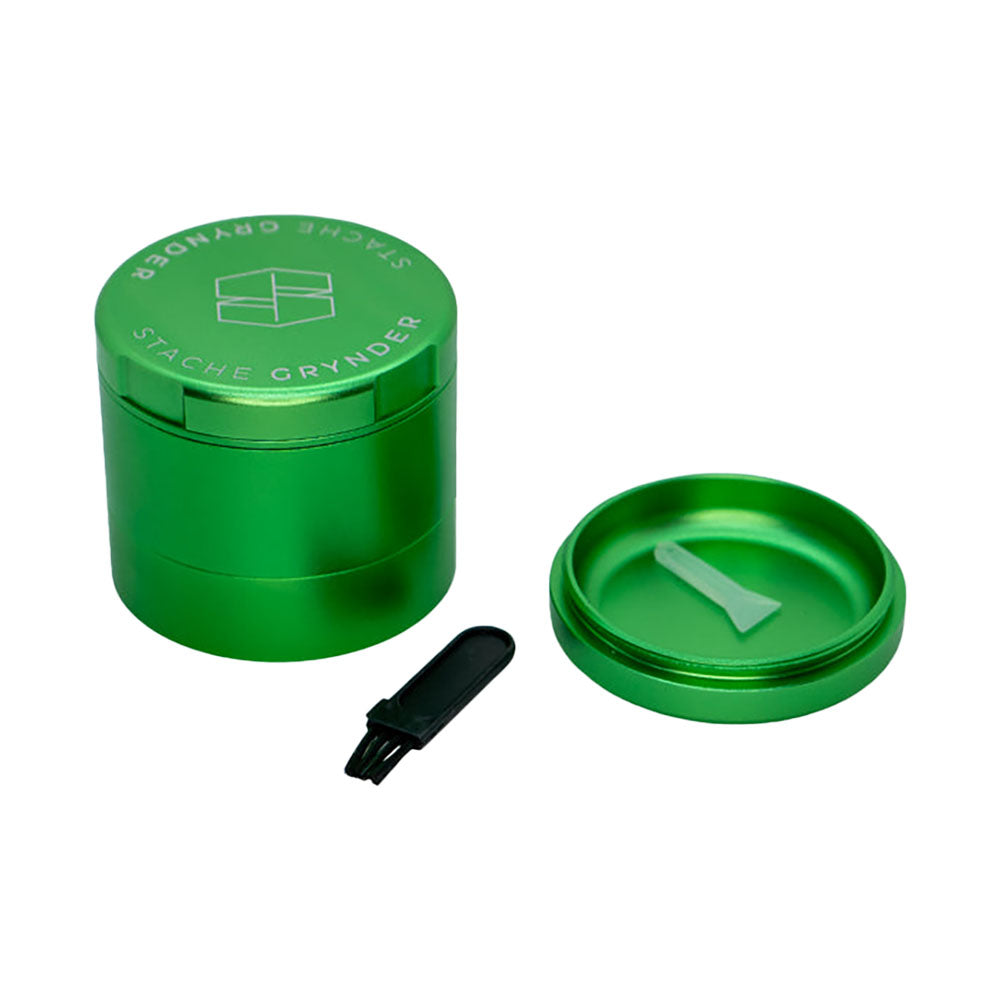 Stache Products Grynder in vibrant green, 5-piece compact design, perfect for dry herbs, top view
