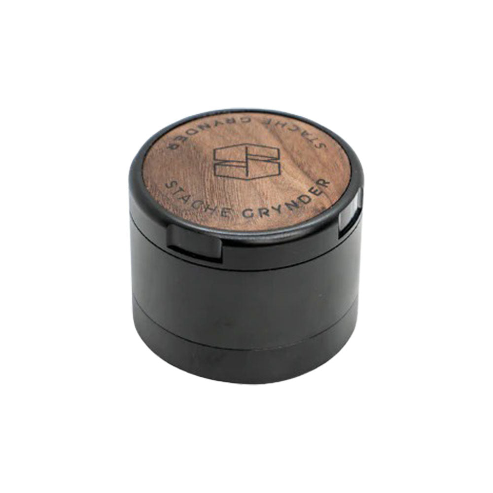 Stache Products 3pc Grynder with Wood Lid in Black, Portable Metal Herb Grinder, Front View