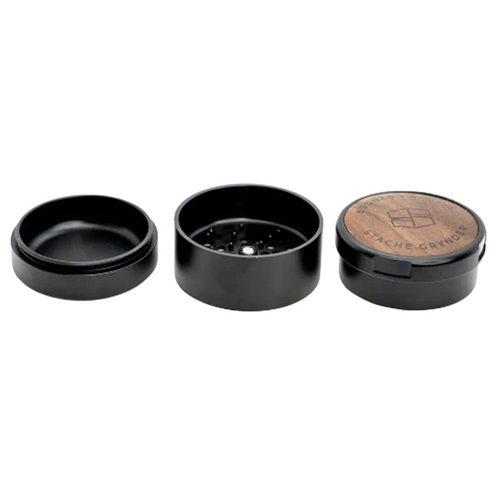 Stache Products 3pc Grynder with Wood Lid, Black, Portable Design, 2.5" Diameter, Front View