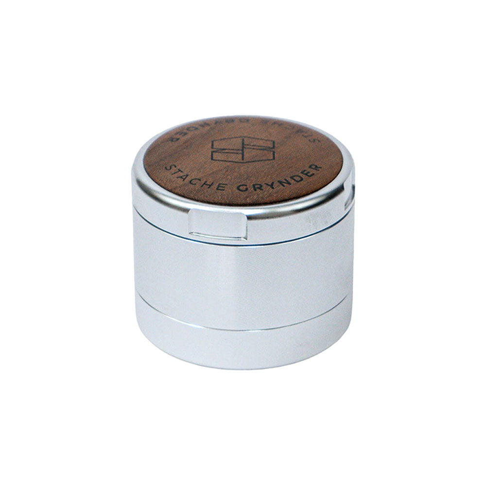 Stache Products 3pc Grynder with Wood Lid in Silver, Portable Metal Herb Grinder, Front View