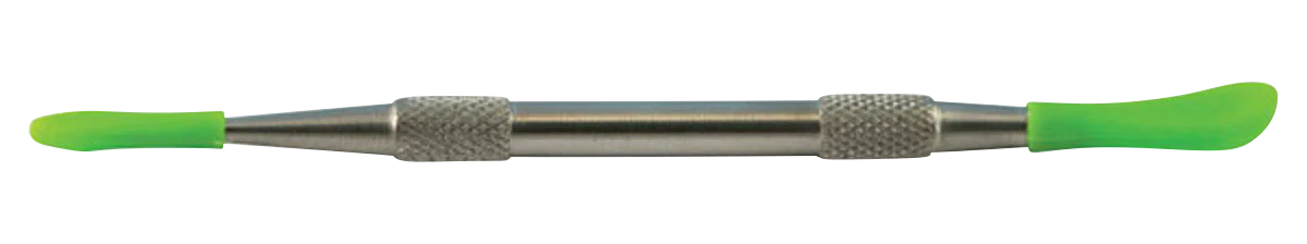 Stainless steel dabber tool with green silicone tip for concentrates, front view on white background