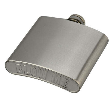 Stainless Steel Flask 6oz with Engraved 'BLOW ME' - Front View on White Background