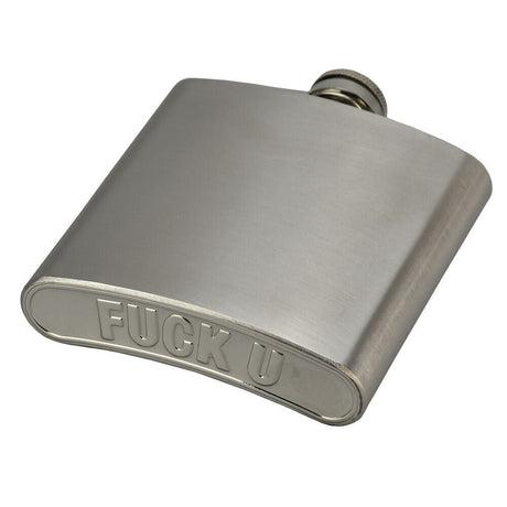 Stainless Steel Flask 6oz with 'F*CK U' Inscription - Angled Front View