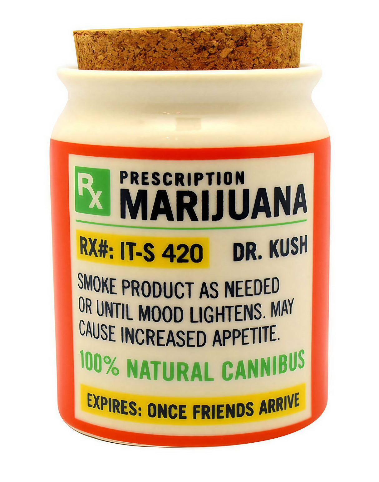 Stash it! "Prescription" Ceramic Jar, Orange & White, Closable Cork Lid, Front View