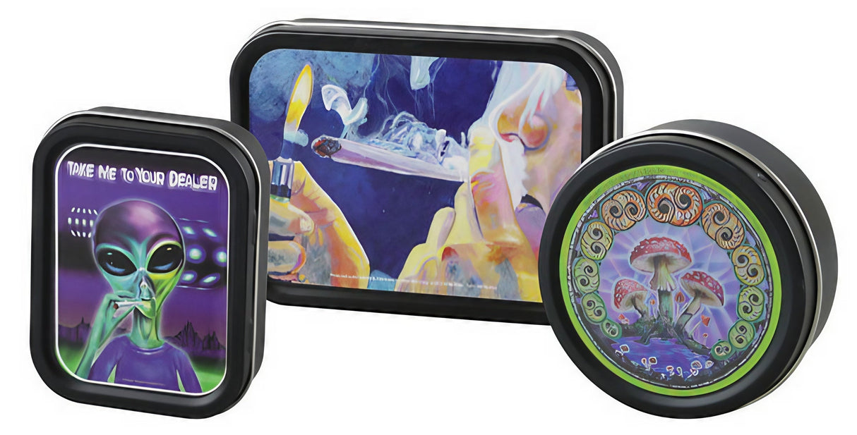 Assorted Stash Tins - 24 Pack featuring vibrant, psychedelic designs, front and top views