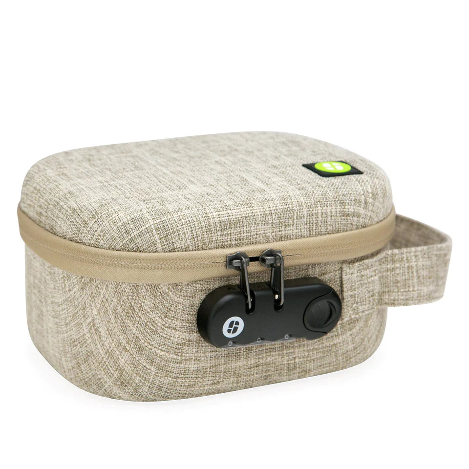 Stashlogix Silverton Lockable Stash Case in tan, front view with combination lock, portable and smell-proof