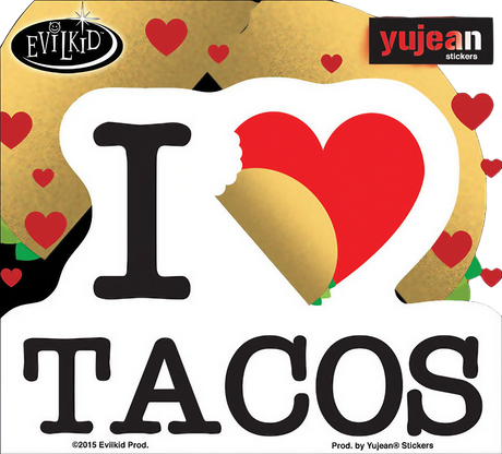 Yujean 'I Heart Tacos' sticker in black and white with a red heart, fun & novelty design