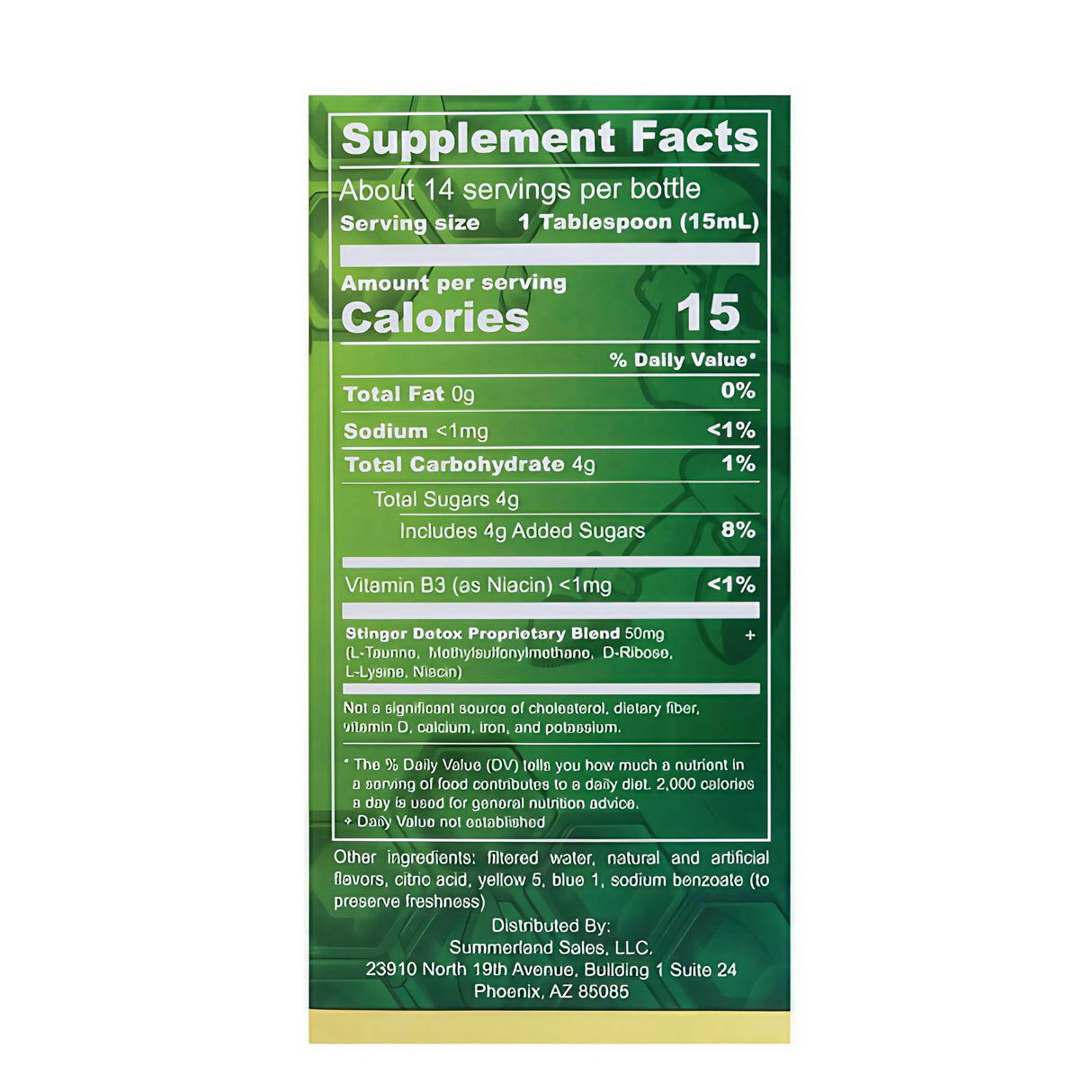 Stinger 7 Day Detox 5x Strength Green Flavor - Nutritional Facts Label View