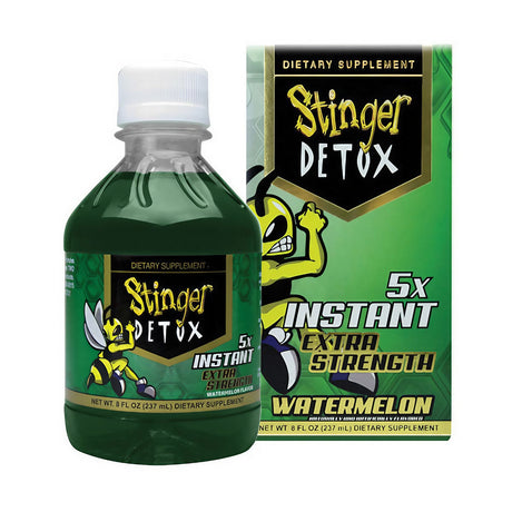 Stinger Detox Instant 5X Strength Watermelon Cleanse, 8 oz green bottle beside box