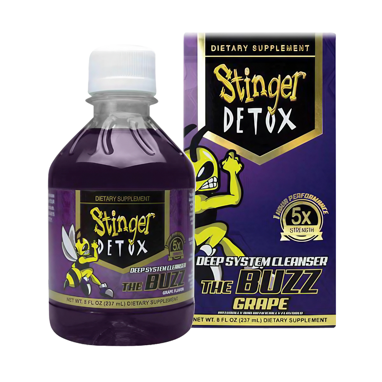 Stinger The Buzz 5X Strength Detox grape flavor in a portable 8 oz bottle with packaging