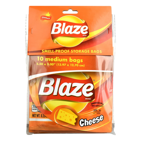 Stink Sack "Blaze" Chips themed smell-proof bags, 10-pack, front view on white background
