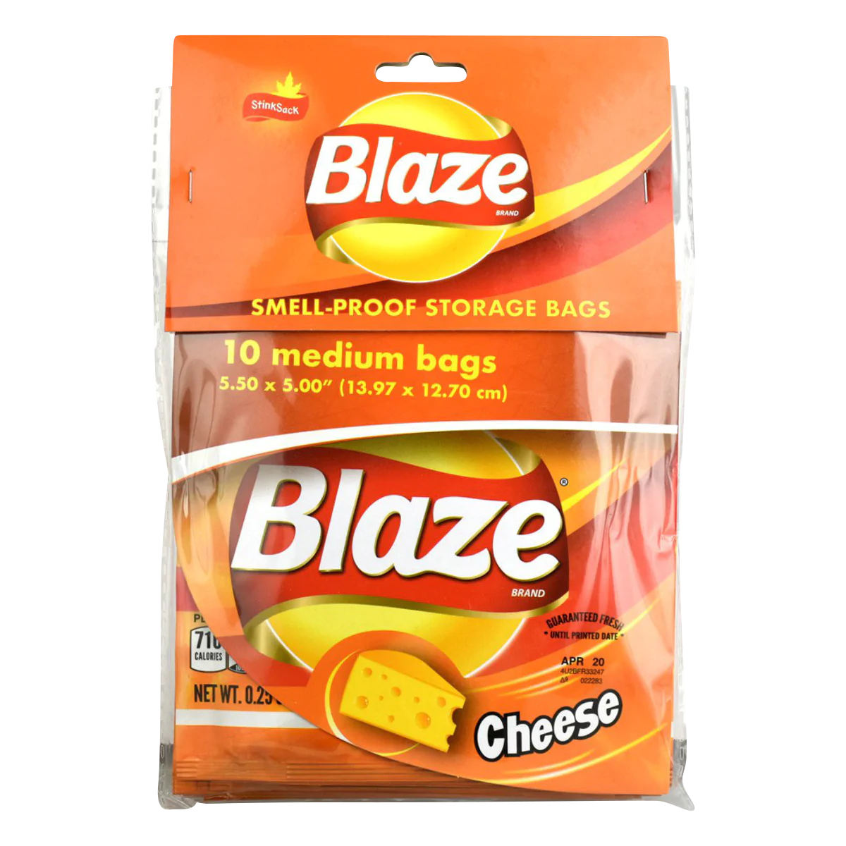 Stink Sack "Blaze" Chips themed smell-proof bags, 10-pack, front view on white background