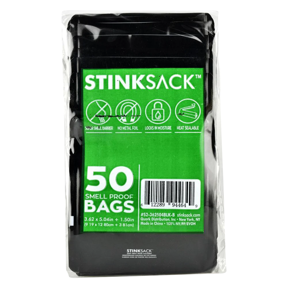 Stink Sack Dymapak black smell-proof storage bags, front view, pack of 50, portable and resealable