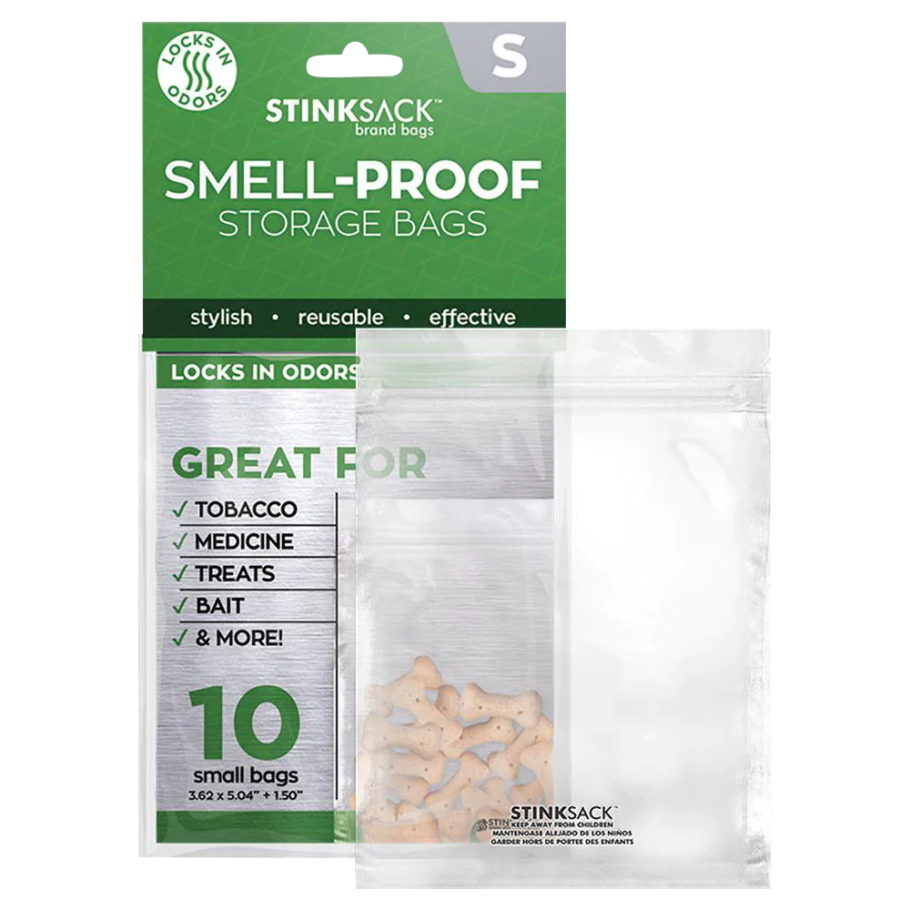 Stink Sack Dymapak black smell-proof storage bags front view with product details