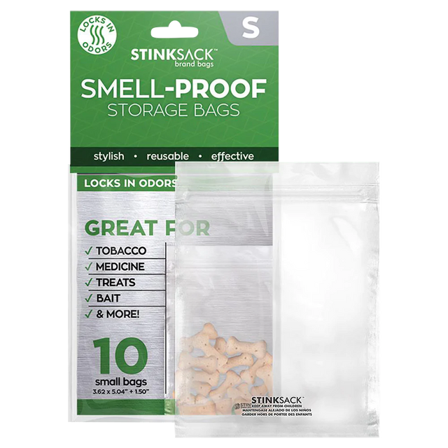 Stink Sack Dymapak black smell-proof storage bags front view with product details