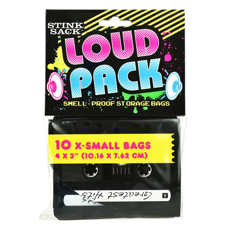 Stink Sack Loud Pack Smell-Proof Bags, 10 Pack, 4x3 inches, Front View with Cassette Design