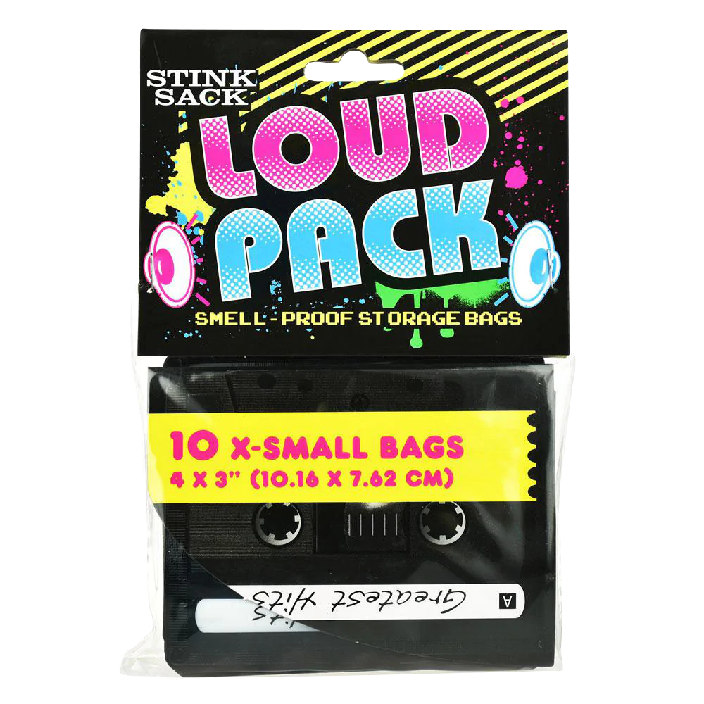 Stink Sack Loud Pack Smell-Proof Bags, 10 Pack, 4x3 inches, Front View with Cassette Design