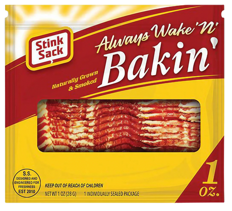 Stink Sack Wake N Bakin red smell-proof storage bag with bacon design, 3 pack