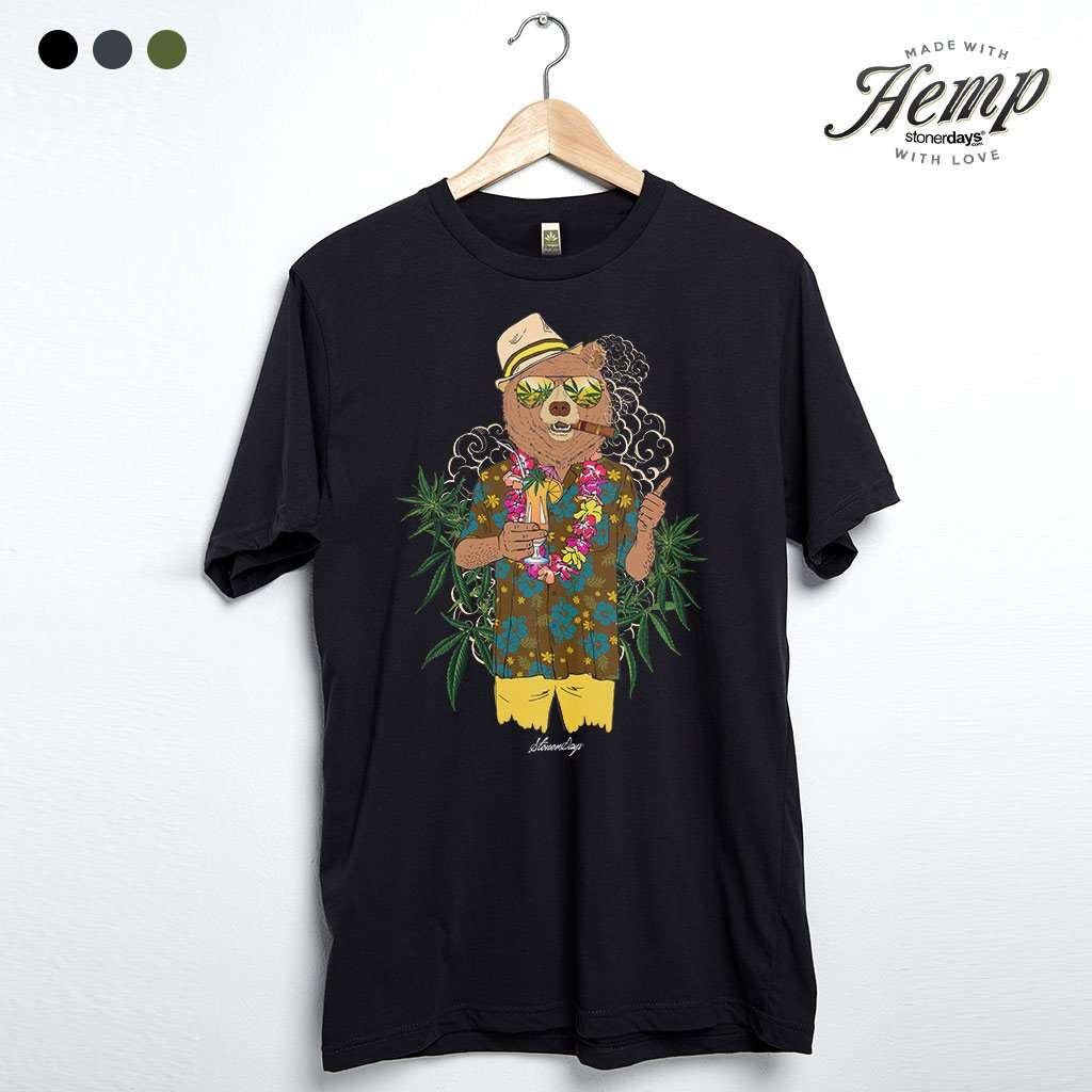 StonerDays Bear On Vacation Hemp Tee in Caviar Black, front view on hanger