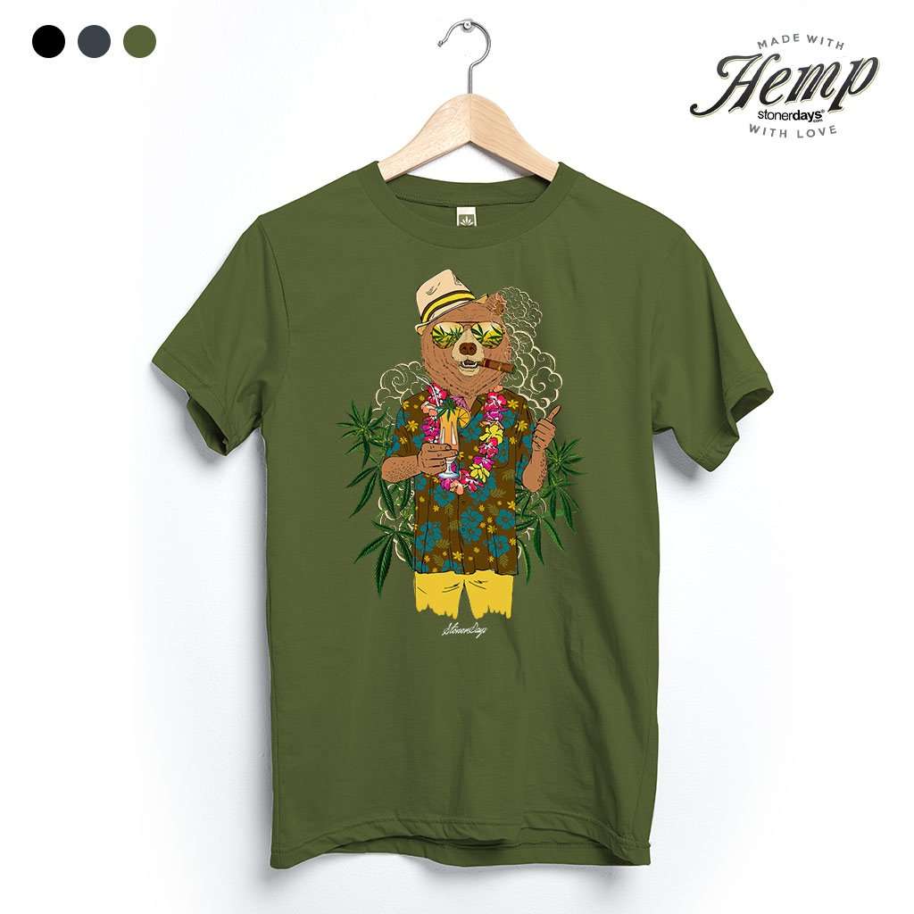 StonerDays Bear On Vacation Hemp Tee in Herb Green, Unisex, Front View on Hanger