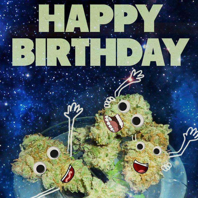 StonerDays Birthday Nugs Hemp Card with fun & novelty design, front view on cosmic background
