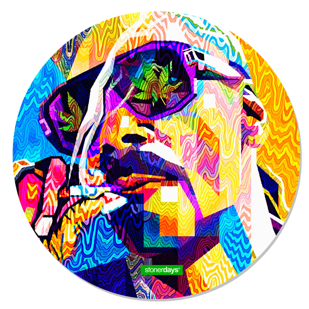 StonerDays Doggy Dog 8" Dab Art Mat with vibrant psychedelic design, top view, perfect for bong stability