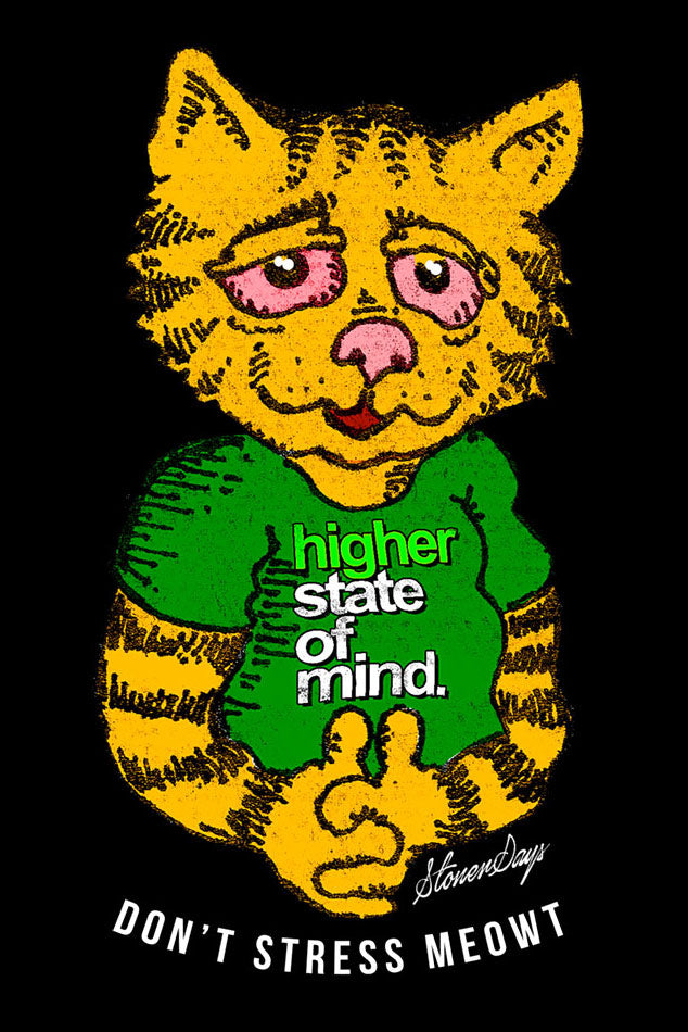 StonerDays 'Don't Stress Meowt' Dab Mat featuring a cartoon cat, 8" diameter, 1/4" thick, black background