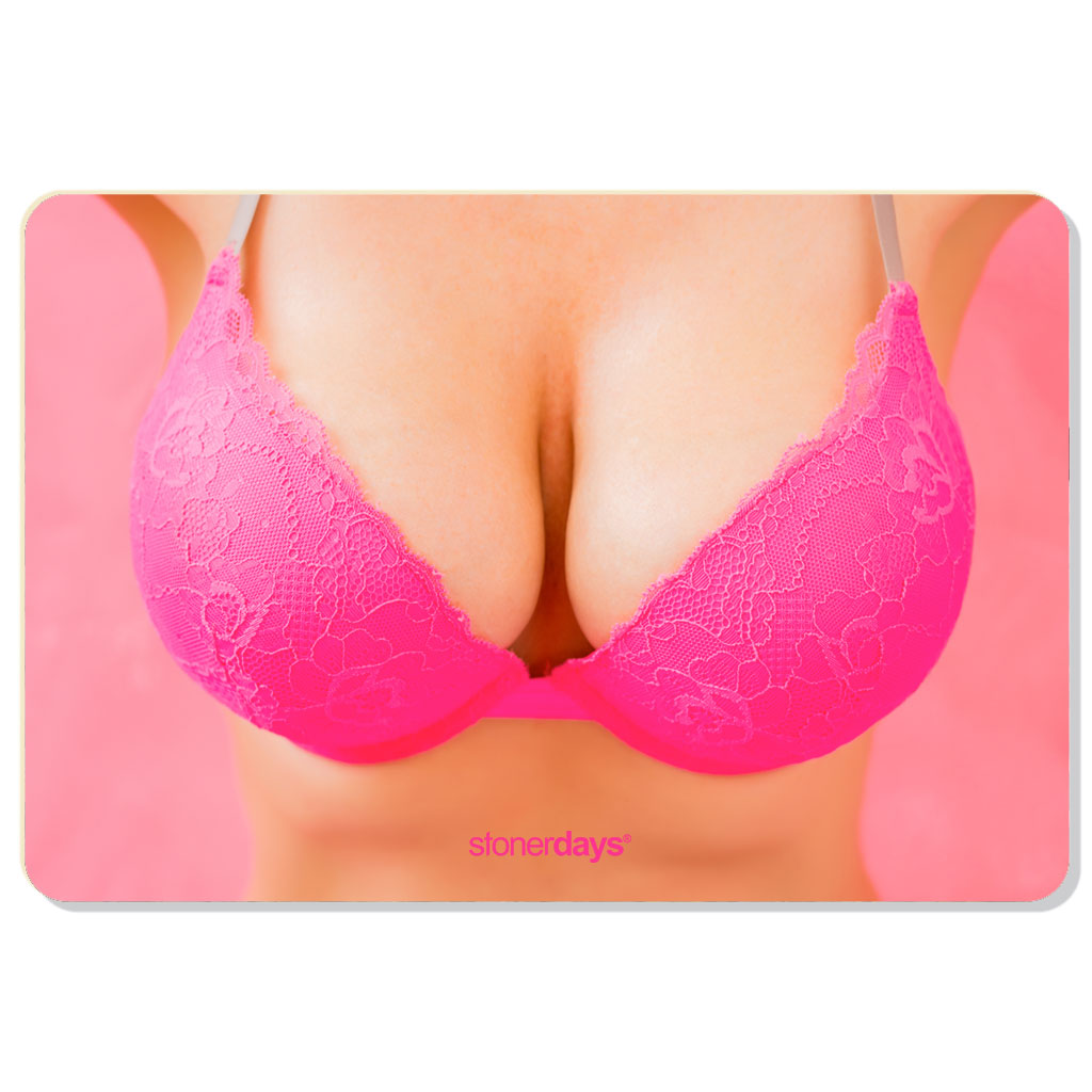 StonerDays Doobs For Boobs pink dab mat with rubber backing, front view on white background