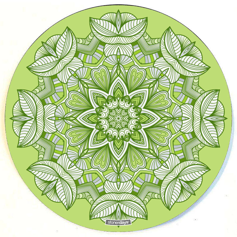 StonerDays Emerald Vibes 8" Dab Mat, round with intricate green mandala design, made of silicone & rubber