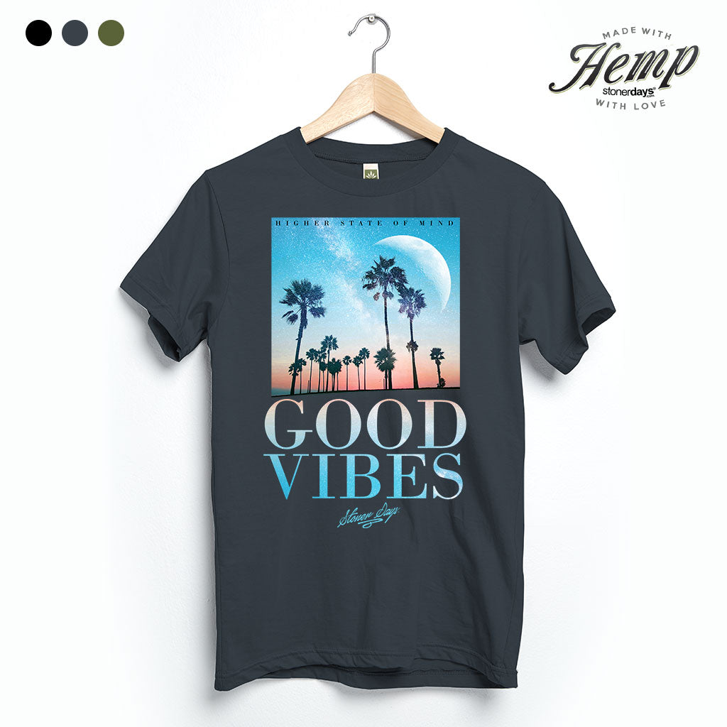 StonerDays Good Vibes Throwback Hemp Tee in Smoke Grey, front view on hanger
