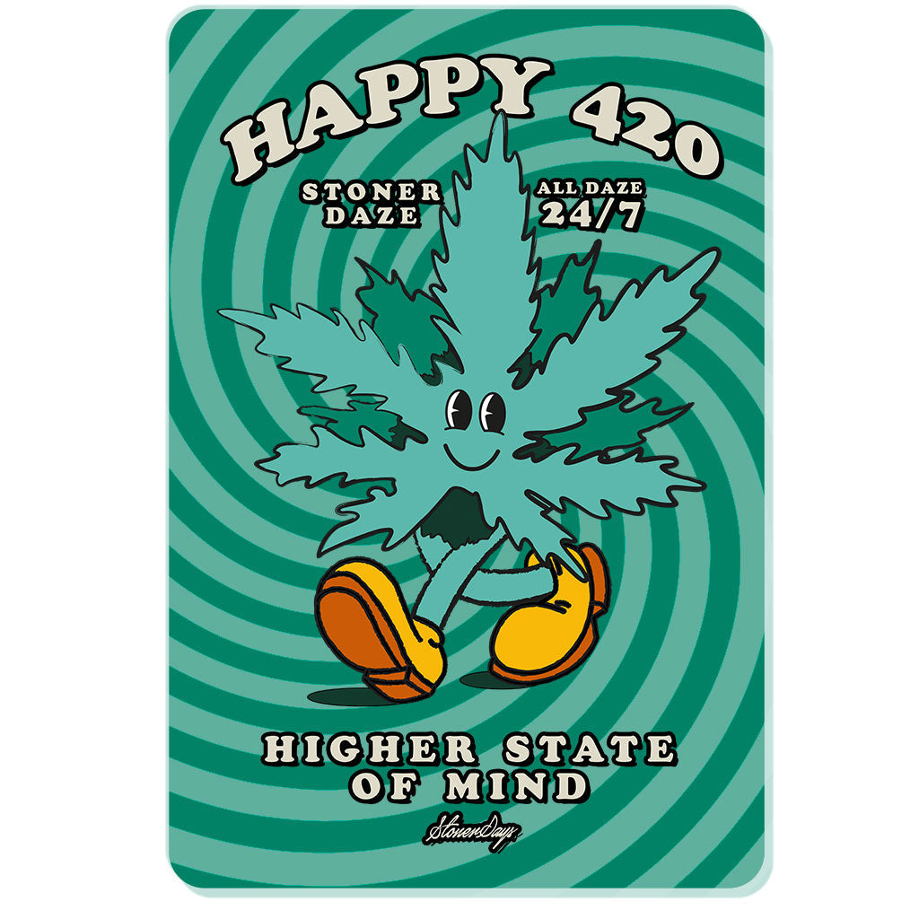 StonerDays Happy 420 Dab Mat with cartoon cannabis leaf design, 12x8", polyester and rubber