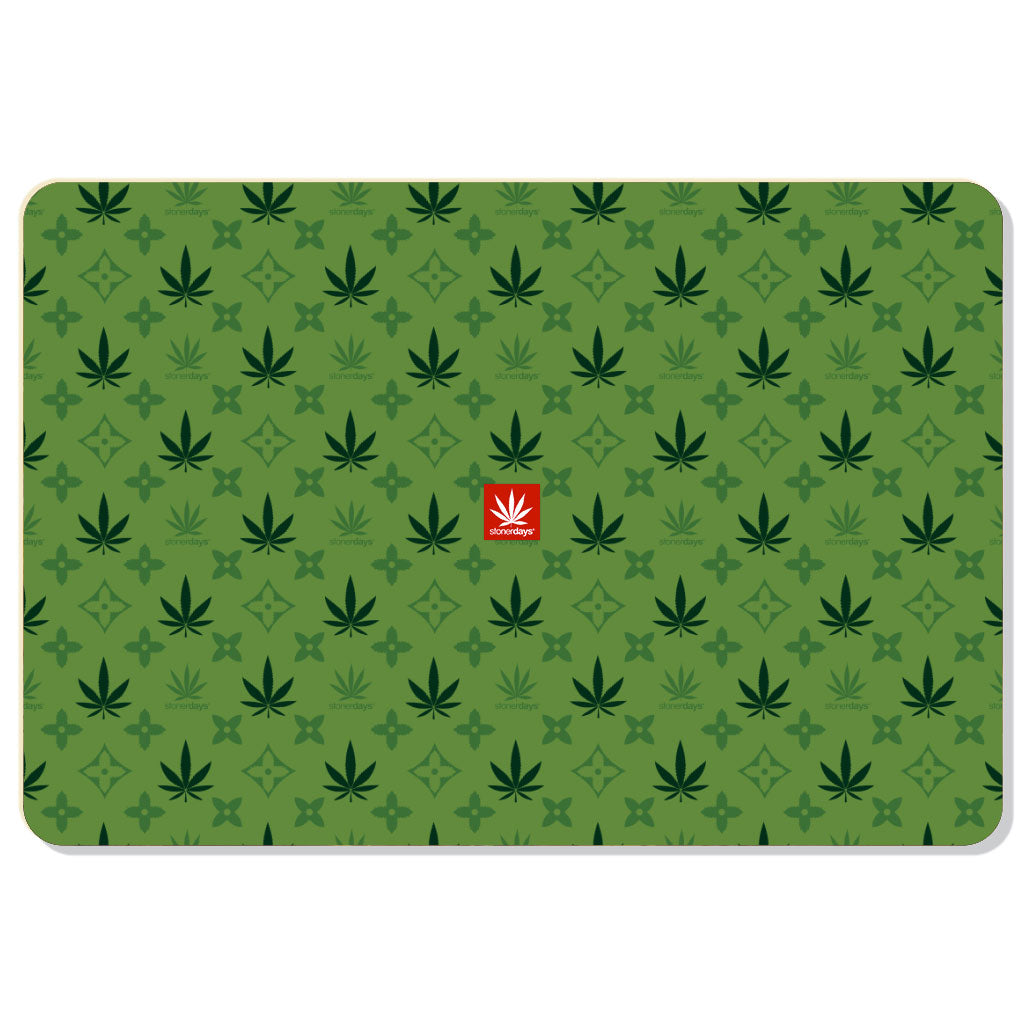 StonerDays King Louie II Dab Mat with green leaf pattern and red logo, 12" x 8" size, front view