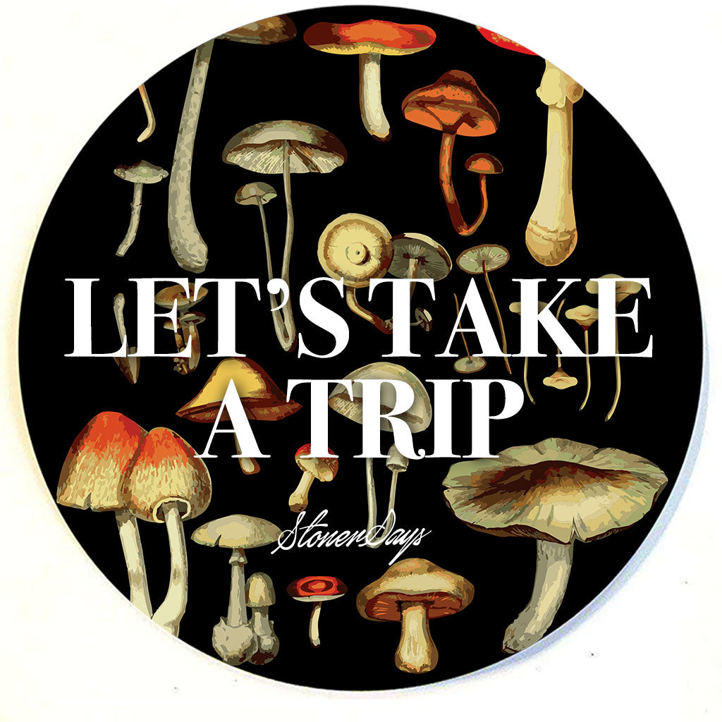 StonerDays 'Let's Take A Trip' round dab mat with various mushroom illustrations, 8" diameter