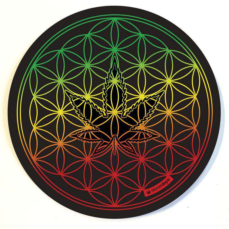 StonerDays Mandala Dab Mat with Rasta Colored Leaf Design, UV Reactive, 8" Diameter