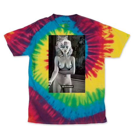 StonerDays Marilyn Blue Tie Dye T-Shirt with vibrant rainbow design, front view on white background.