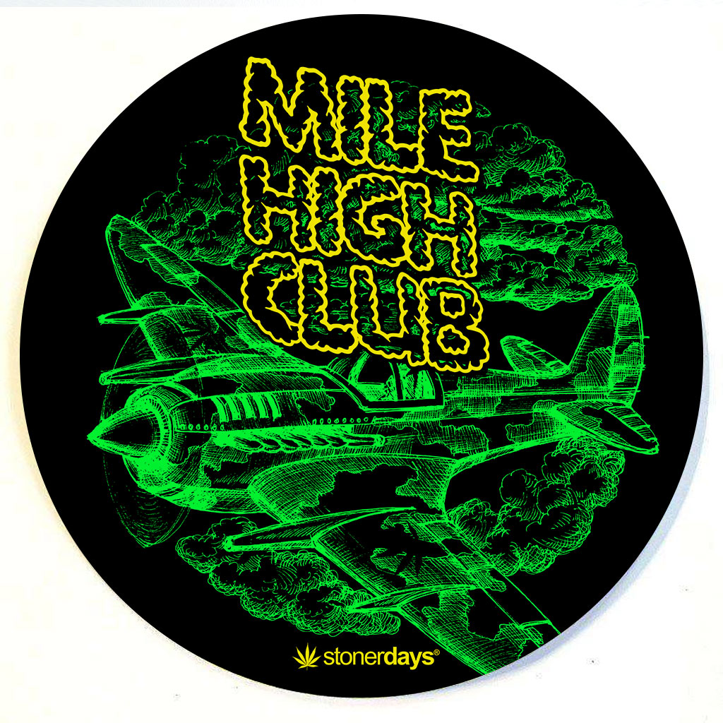 StonerDays Mile High Club green dab mat with airplane graphic, 8" diameter, top view