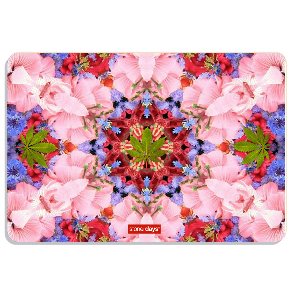 StonerDays Pink Orchid Kaleidoscope Dab Mat with vibrant green leaf design, 8" size, top view