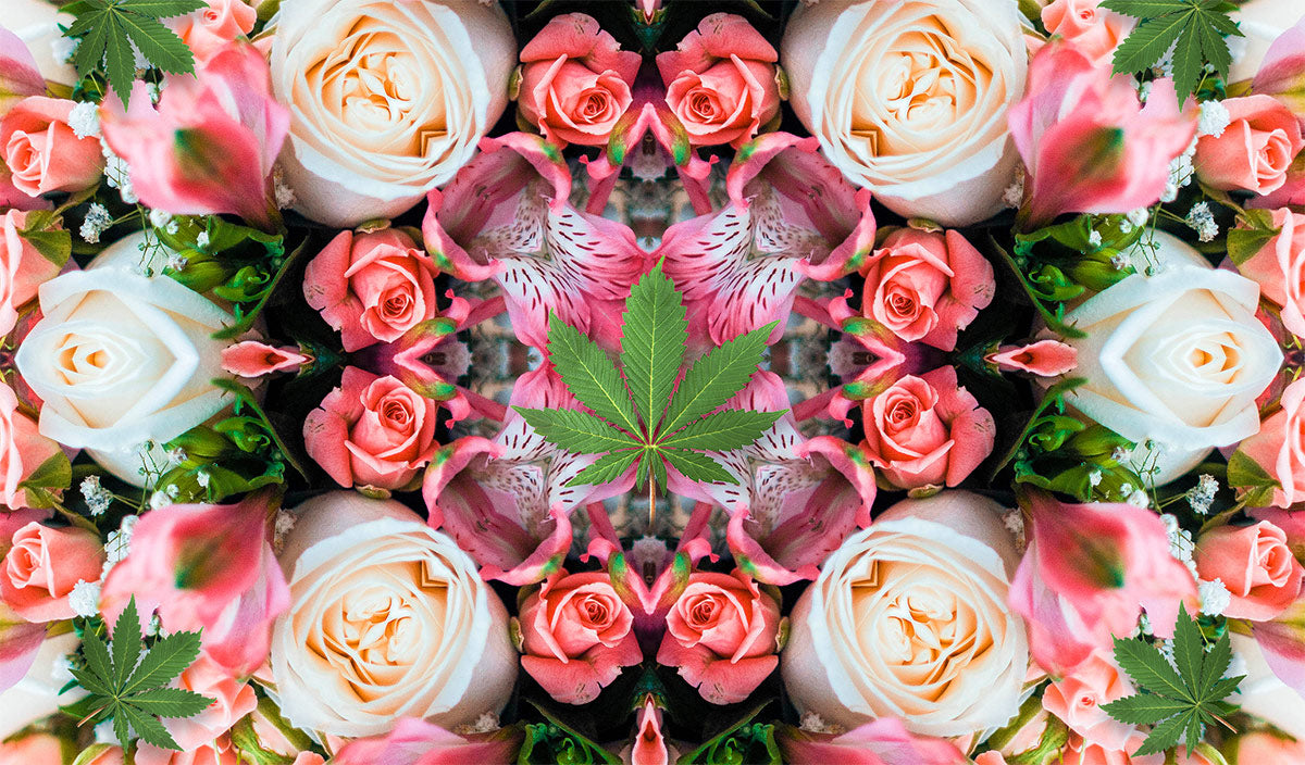 StonerDays Pink Roses Dab Mat with symmetrical floral pattern and cannabis leaf, 8" diameter