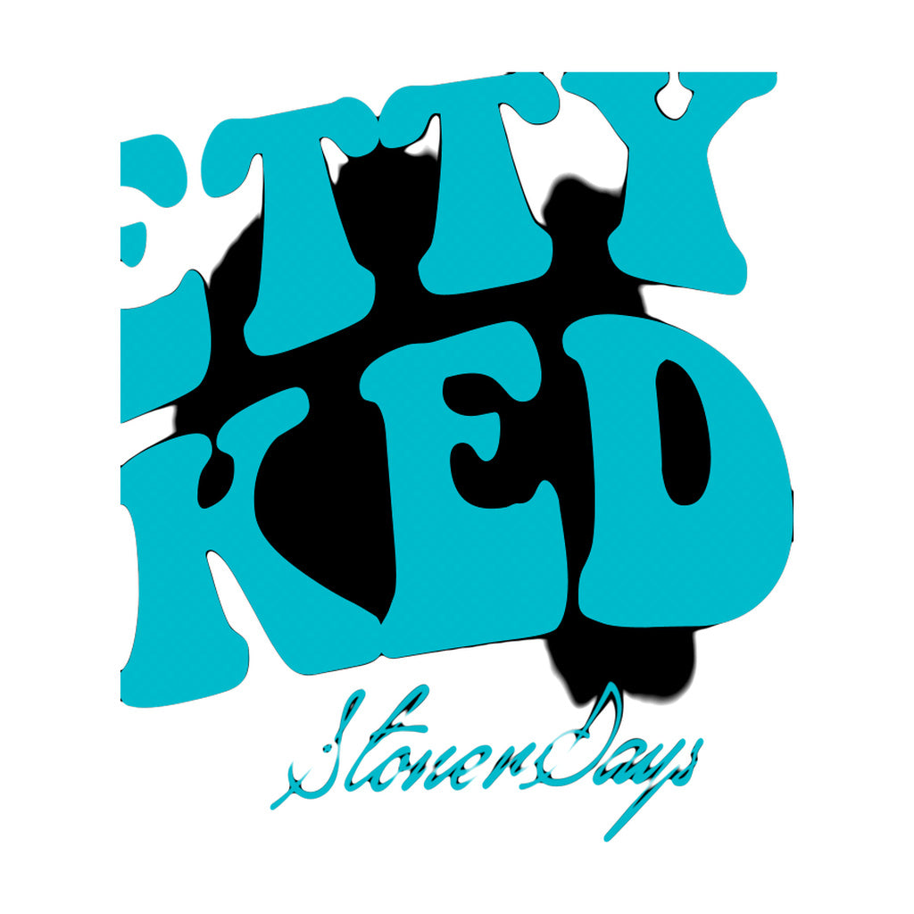 Close-up of StonerDays Pretty Baked Drip Hoodie design with vibrant blue text on black