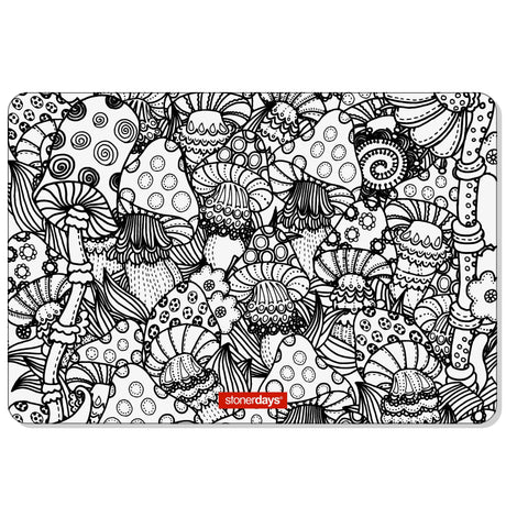 StonerDays Shroomies Large Creativity Mat with psychedelic mushroom design, 8" diameter, top view