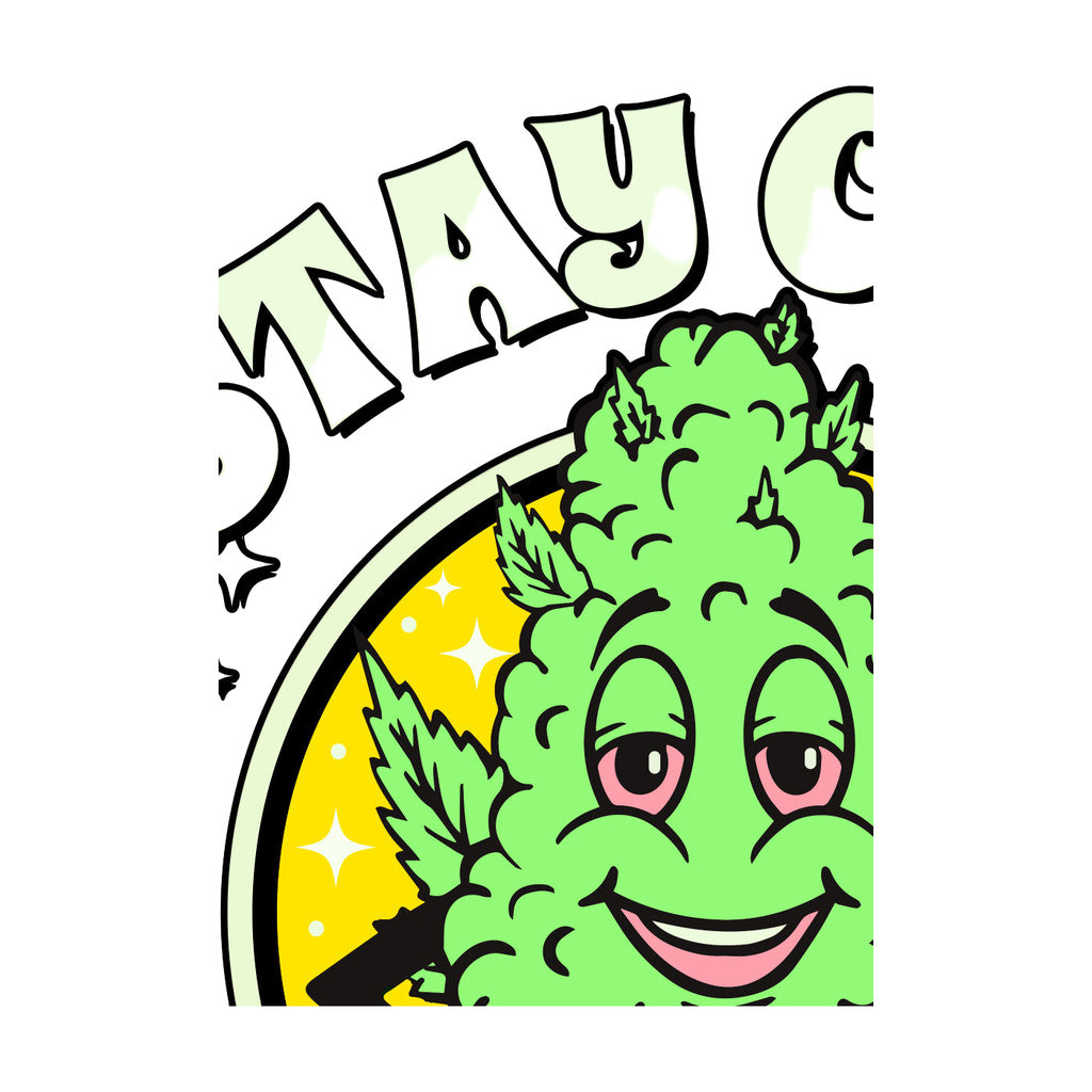 Close-up of StonerDays Stay Chill White Tee with smiling cannabis leaf design