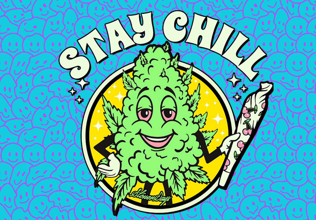 StonerDays Stay Chill 12x8" Dab Mat featuring a cartoon cannabis leaf, vibrant colors, and rubber backing