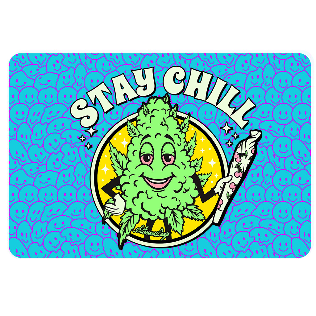 StonerDays Stay Chill 12x8" Dab Mat with vibrant cartoon design, top view on white background
