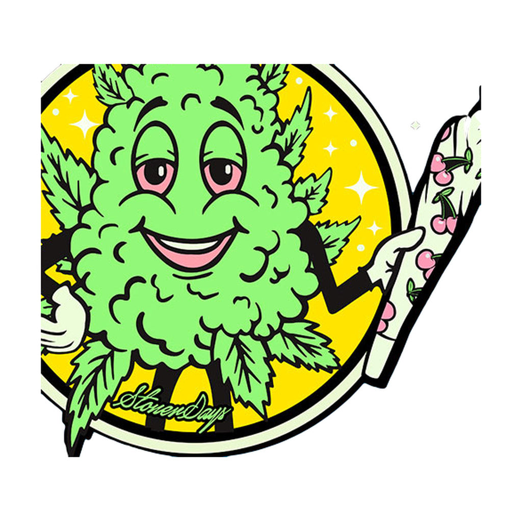 Close-up of StonerDays Stay Chill Blue Tie Dye T-Shirt with vibrant cannabis mascot design