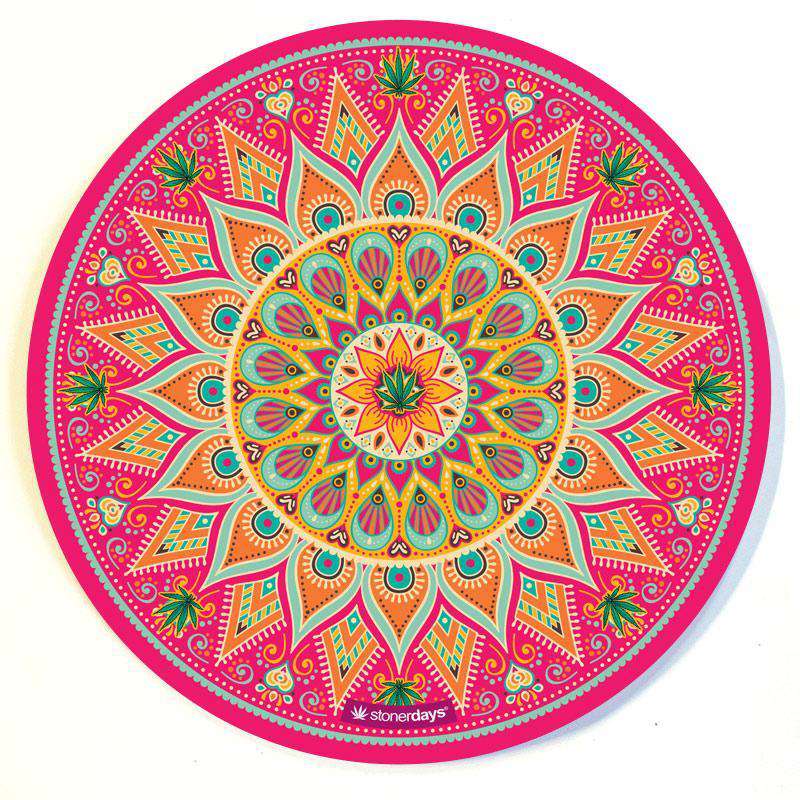 StonerDays 8" Sunflower Dab Mat with vibrant blue, pink, and orange mandala design, top view on white background