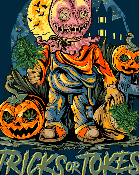 StonerDays Tricks Or Tokes Dab Mat featuring Halloween-themed cannabis artwork, 8" diameter, front view